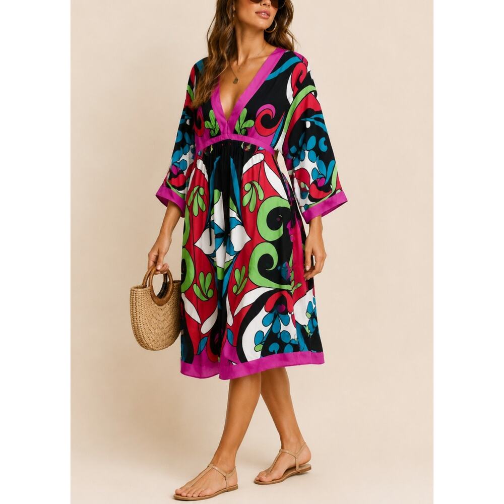 VTG Nicole Miller Y2K Retro Floral Kimono Dress Size 14 Multi Resort Tropical